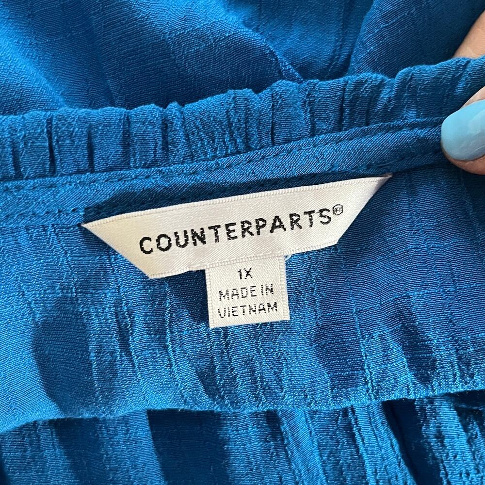 Counterparts Ruffle V Neck Blouse Romantic Career Women Blue 1X - Picture 3 of 7